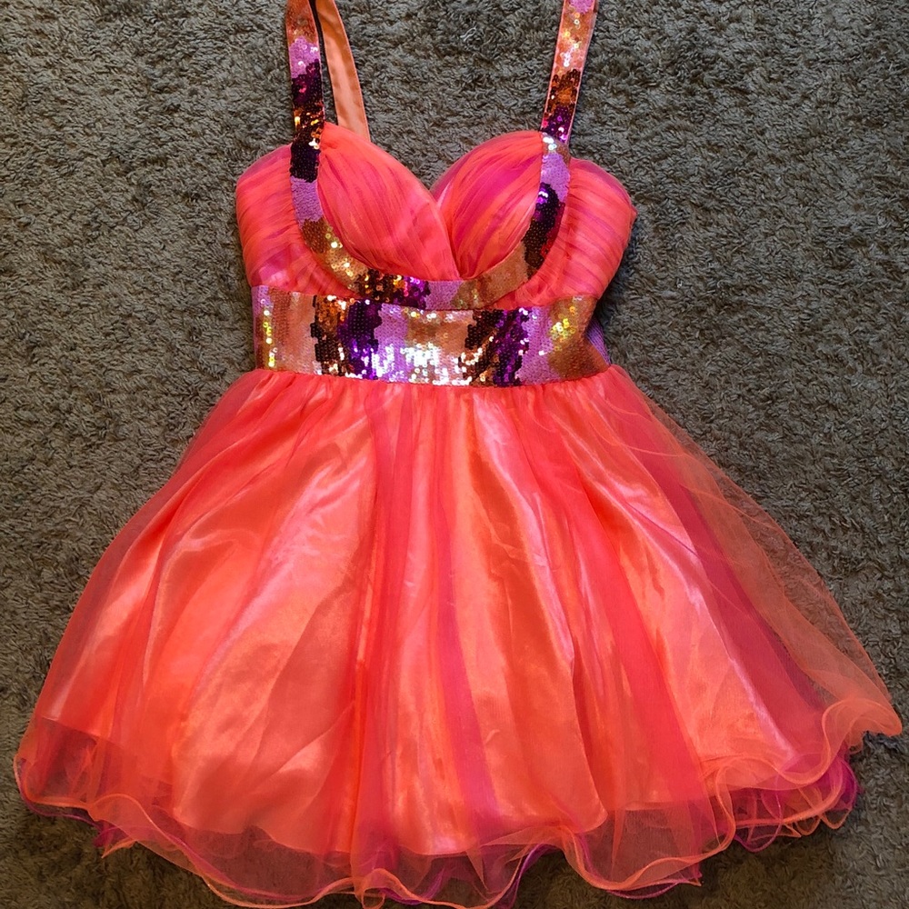 Jasz Couture Orange & Pink Sequin Homecoming Dress